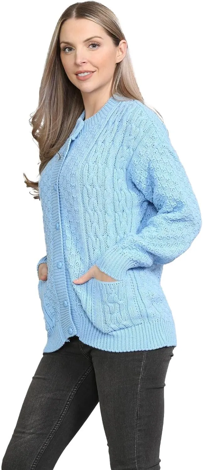 Janisramone Cable Knit Sweater Women, Crew Neck Cable Knit Cardigan, Long Sleeve Cardigan for Women, Button up Cardigan