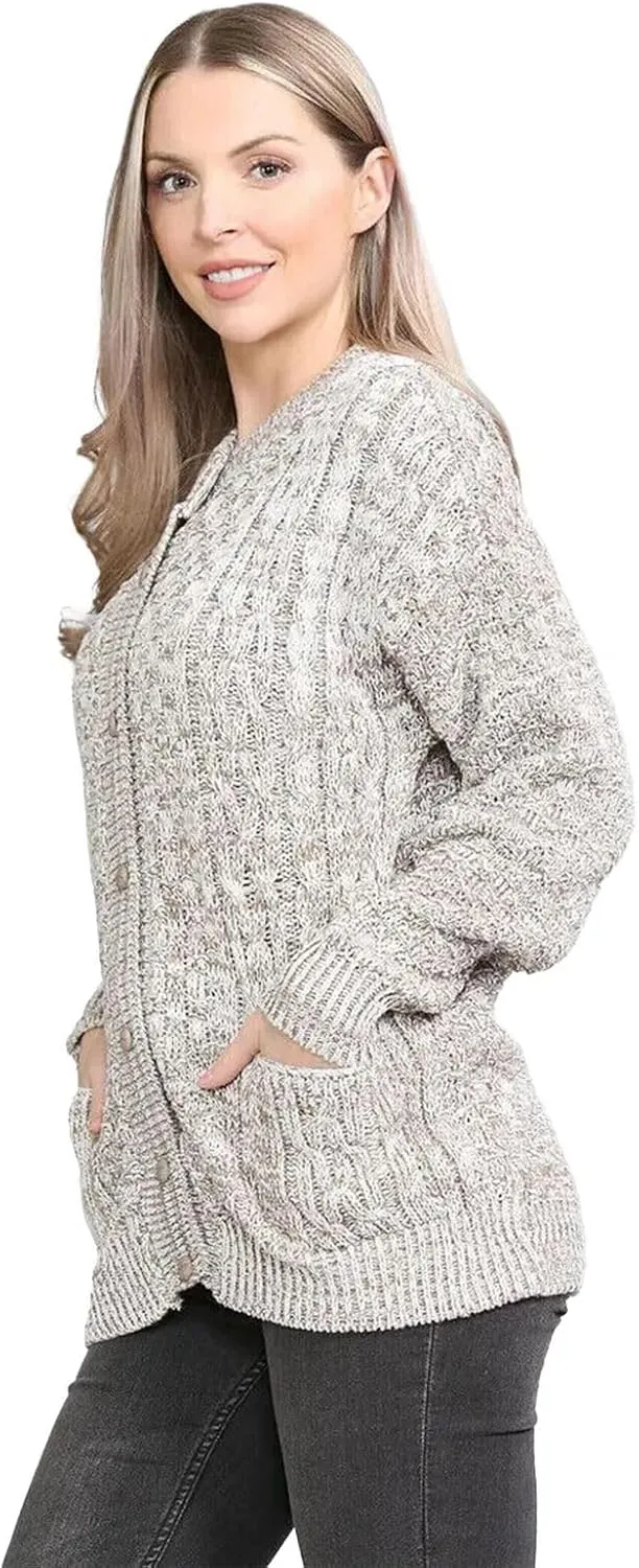 Janisramone Cable Knit Sweater Women, Crew Neck Cable Knit Cardigan, Long Sleeve Cardigan for Women, Button up Cardigan