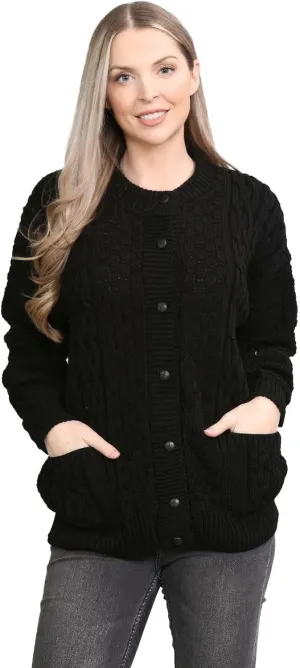 Janisramone Cable Knit Sweater Women, Crew Neck Cable Knit Cardigan, Long Sleeve Cardigan for Women, Button up Cardigan