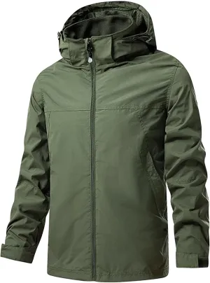 JEShifangjiusu Men's Classic Waterproof Breathable Rain Jacket Hooded Hiking Coat Casual Lightweight Windbreaker Outwear, Army Green, 5X-Large