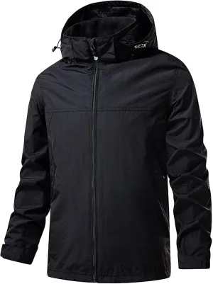 JEShifangjiusu Men's Classic Waterproof Breathable Rain Jacket Hooded Hiking Coat Casual Lightweight Windbreaker Outwear, Black, 4X-Large