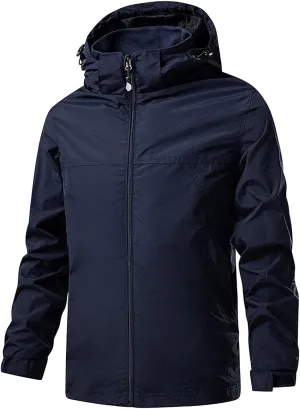 JEShifangjiusu Men's Classic Waterproof Breathable Rain Jacket Hooded Hiking Coat Casual Lightweight Windbreaker Outwear, Blue, Medium