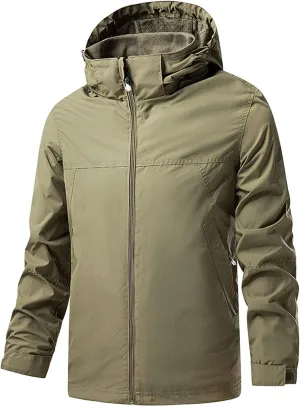 JEShifangjiusu Men's Classic Waterproof Breathable Rain Jacket Hooded Hiking Coat Casual Lightweight Windbreaker Outwear, Khaki, 5X-Large