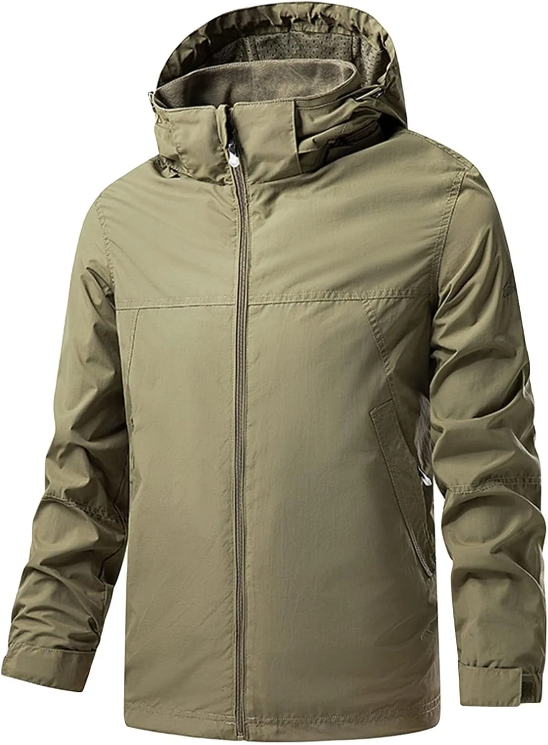 JEShifangjiusu Men's Classic Waterproof Breathable Rain Jacket Hooded Hiking Coat Casual Lightweight Windbreaker Outwear, Khaki, 5X-Large