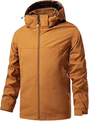 JEShifangjiusu Men's Classic Waterproof Breathable Rain Jacket Hooded Hiking Coat Casual Lightweight Windbreaker Outwear, Orange, 4X-Large