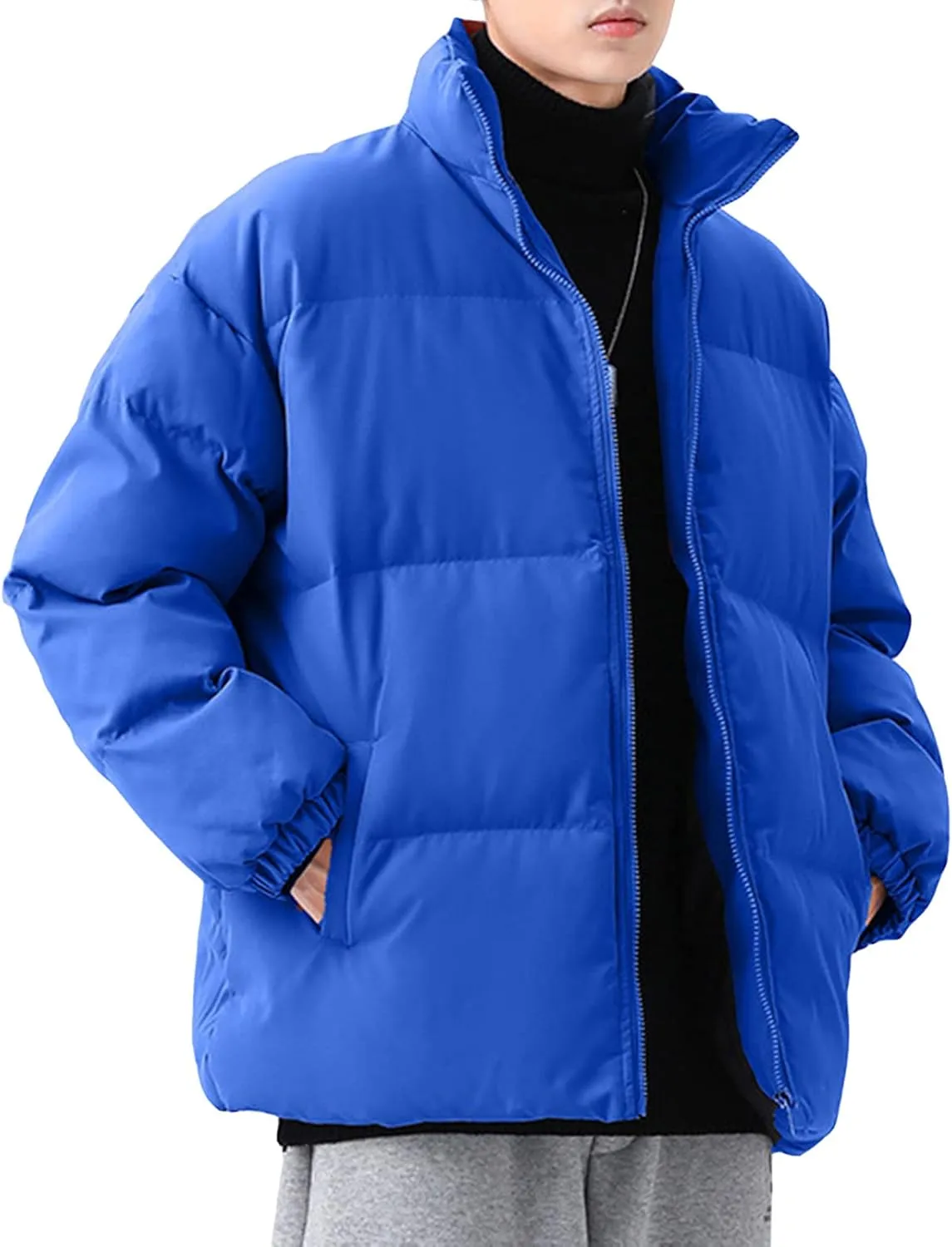 JEsilunmaMY Men's Stand Collar Warm Padded Jacket Full Zip Winter Thicken Cotton Down Coat Solid Color Loose Puffer Jacket