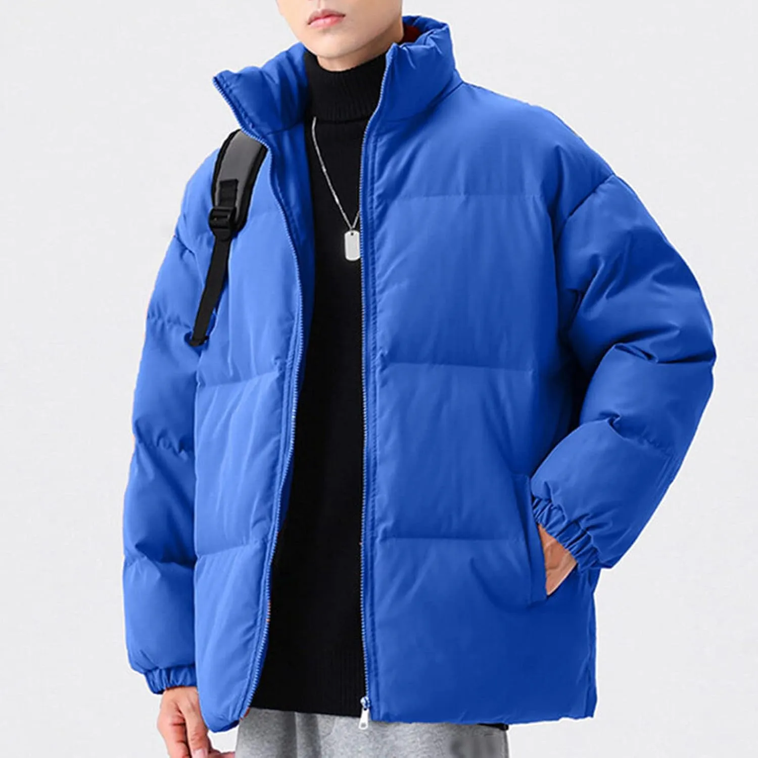 JEsilunmaMY Men's Stand Collar Warm Padded Jacket Full Zip Winter Thicken Cotton Down Coat Solid Color Loose Puffer Jacket