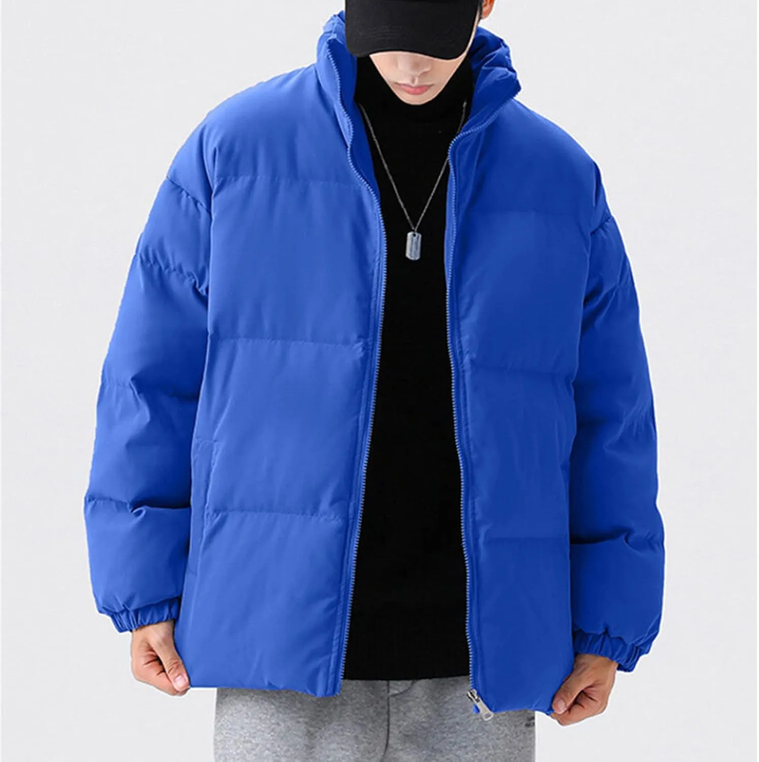 JEsilunmaMY Men's Stand Collar Warm Padded Jacket Full Zip Winter Thicken Cotton Down Coat Solid Color Loose Puffer Jacket