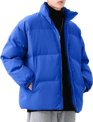 JEsilunmaMY Men's Stand Collar Warm Padded Jacket Full Zip Winter Thicken Cotton Down Coat Solid Color Loose Puffer Jacket