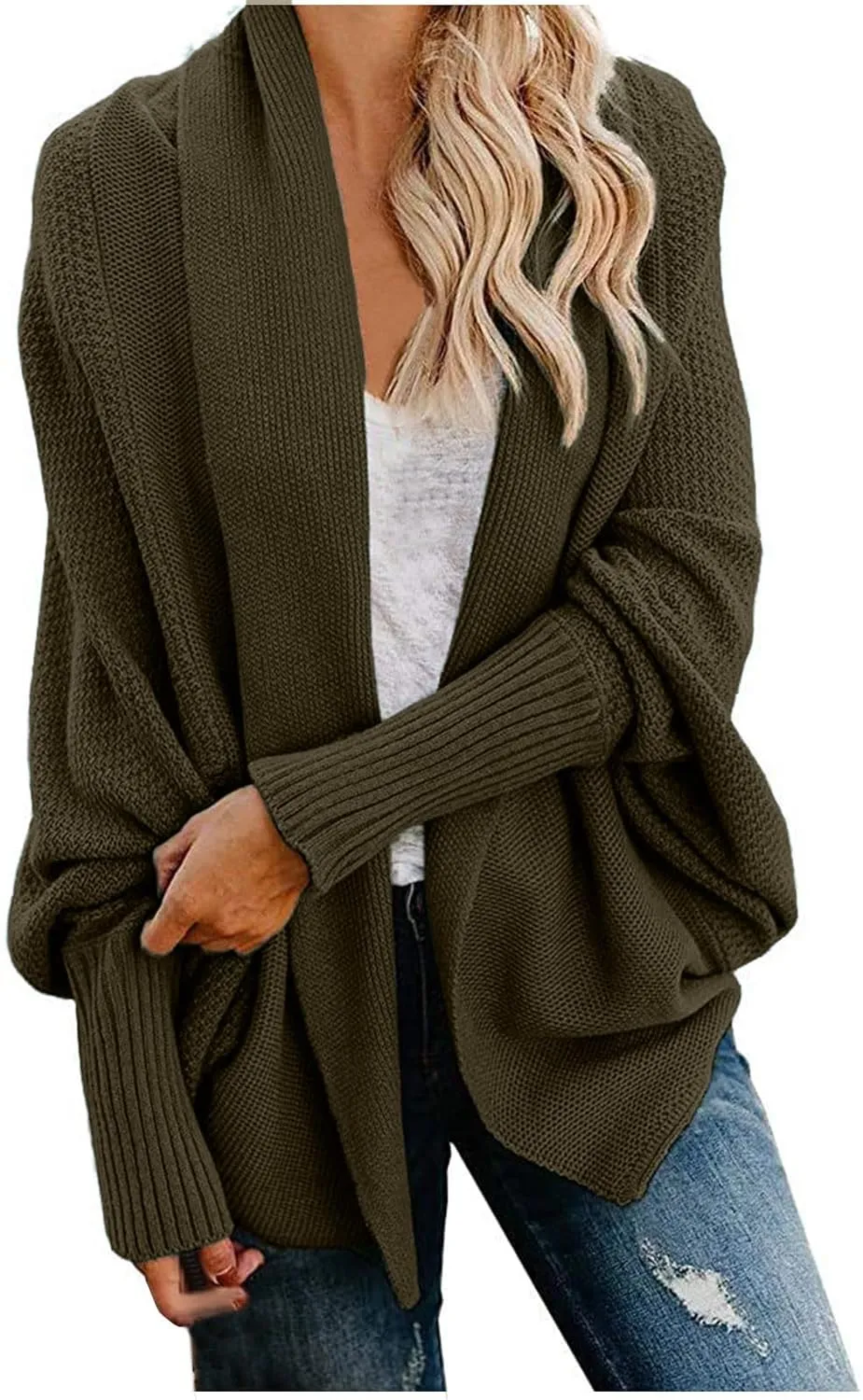 JOAU Cardigan for Women Dressy Casual Open Front Long Batwing Sleeve Knitted Sweater Chunky Outwear Fall Winter Coat Top