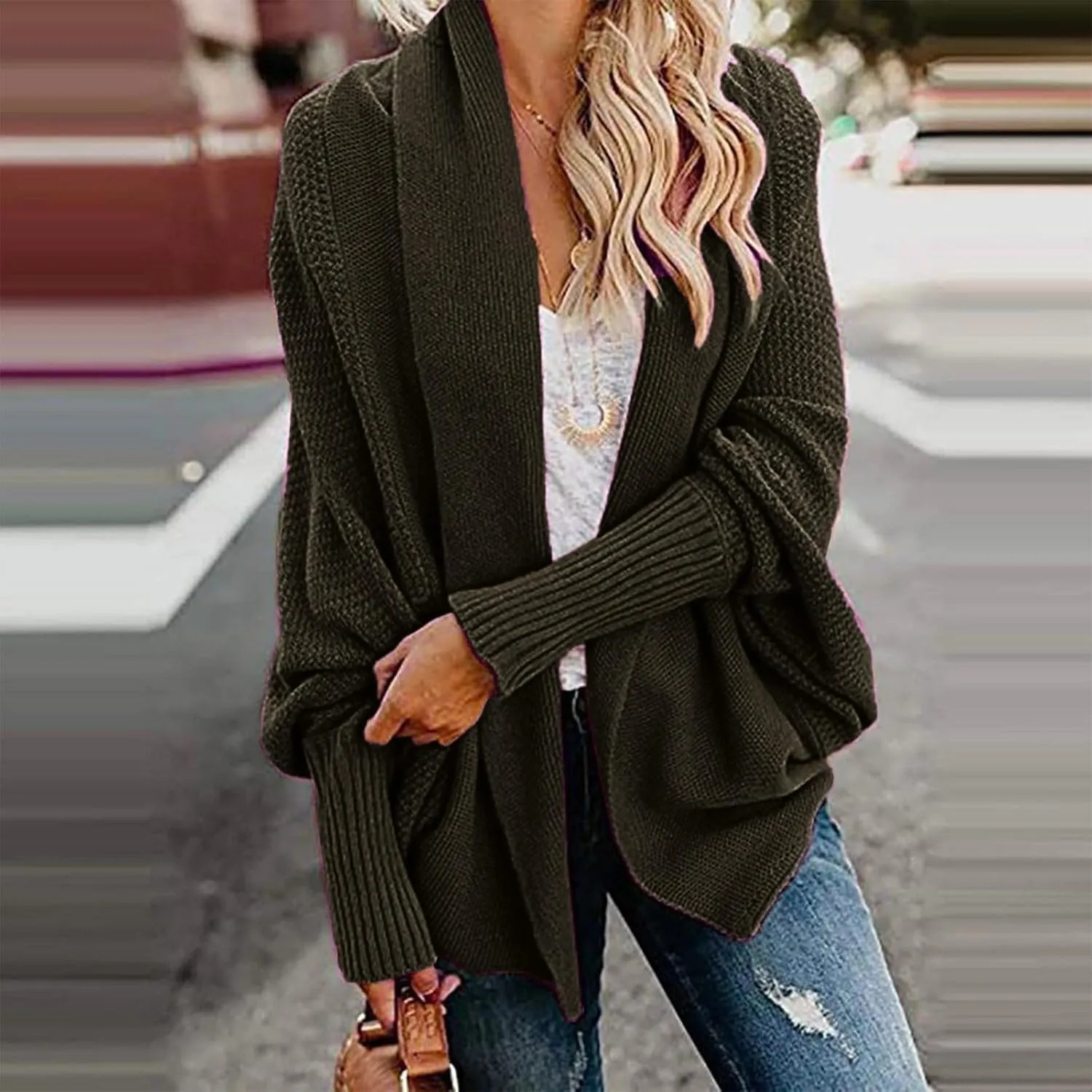 JOAU Cardigan for Women Dressy Casual Open Front Long Batwing Sleeve Knitted Sweater Chunky Outwear Fall Winter Coat Top