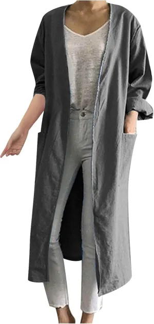 JOAU Women Fall Long Sleeve Solid Color Cotton Linen Cardigans Outwear Loose Fit Casual Lightweight Long Coat with Pockets