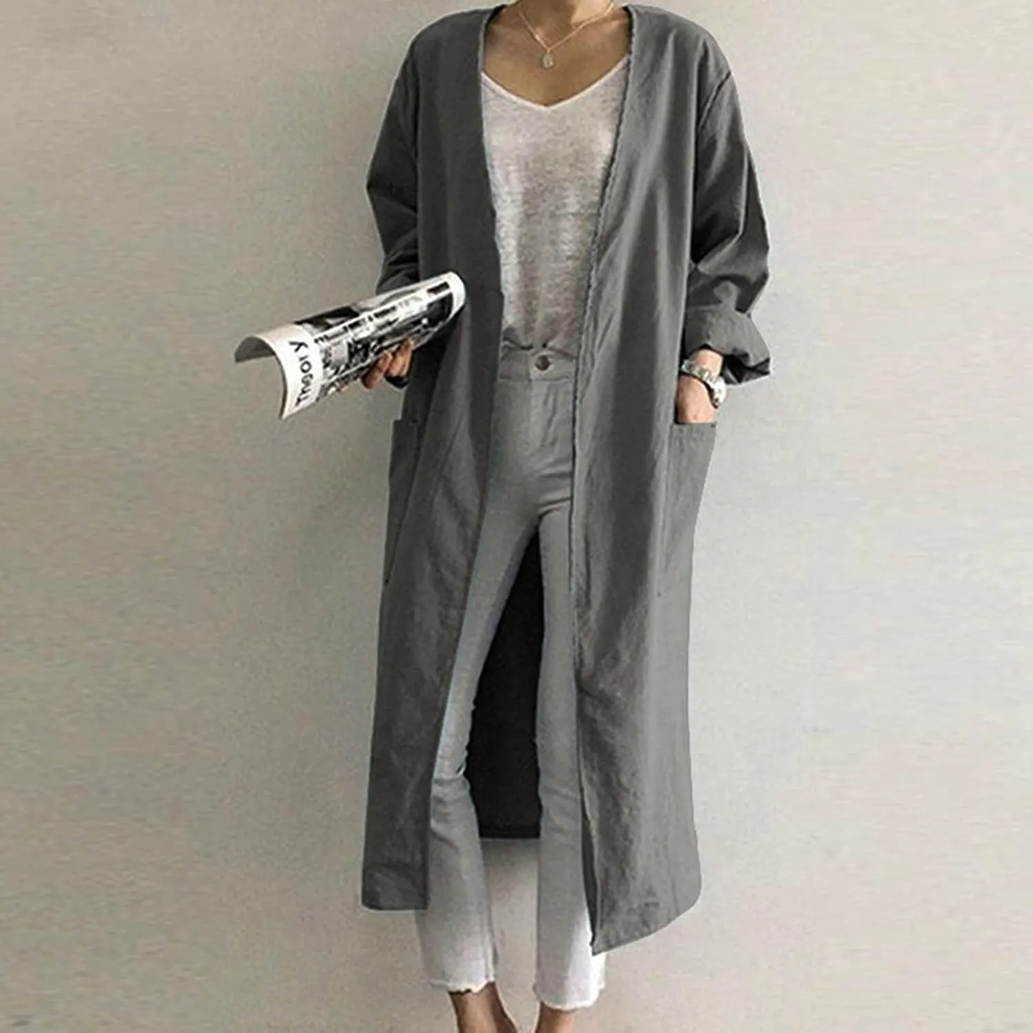 JOAU Women Fall Long Sleeve Solid Color Cotton Linen Cardigans Outwear Loose Fit Casual Lightweight Long Coat with Pockets