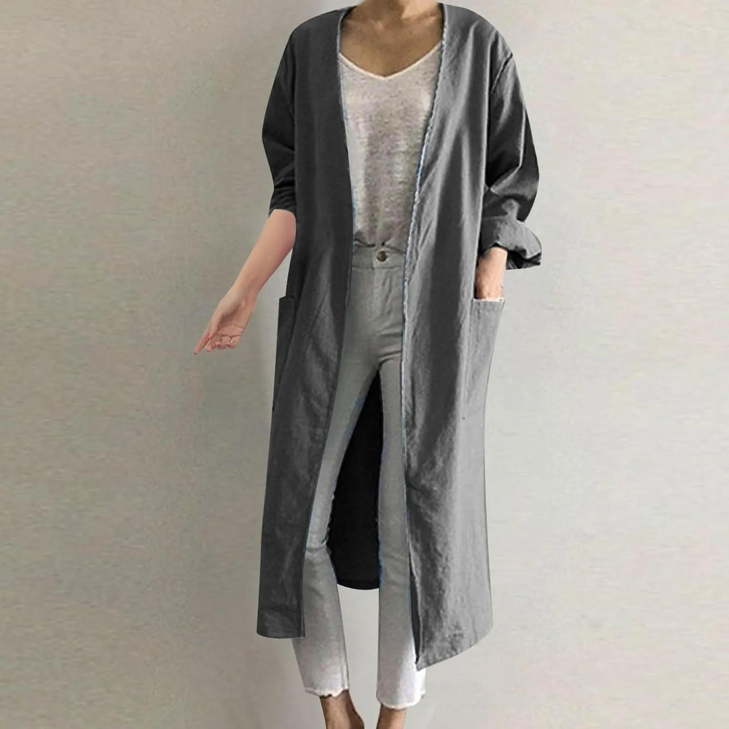 JOAU Women Fall Long Sleeve Solid Color Cotton Linen Cardigans Outwear Loose Fit Casual Lightweight Long Coat with Pockets