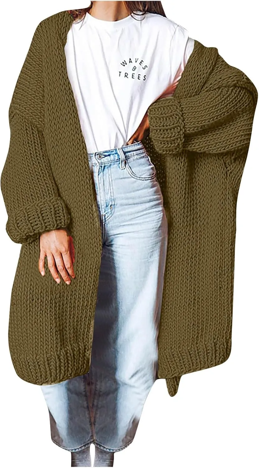 JOAU Women's Long Sleeve Chunky Knit Open Front Sweater Cardigan Loose Fit Lapel Outerwear Fall Winter Casual Long Coat Top