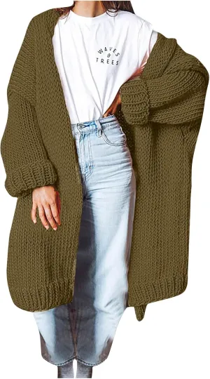 JOAU Women's Long Sleeve Chunky Knit Open Front Sweater Cardigan Loose Fit Lapel Outerwear Fall Winter Casual Long Coat Top