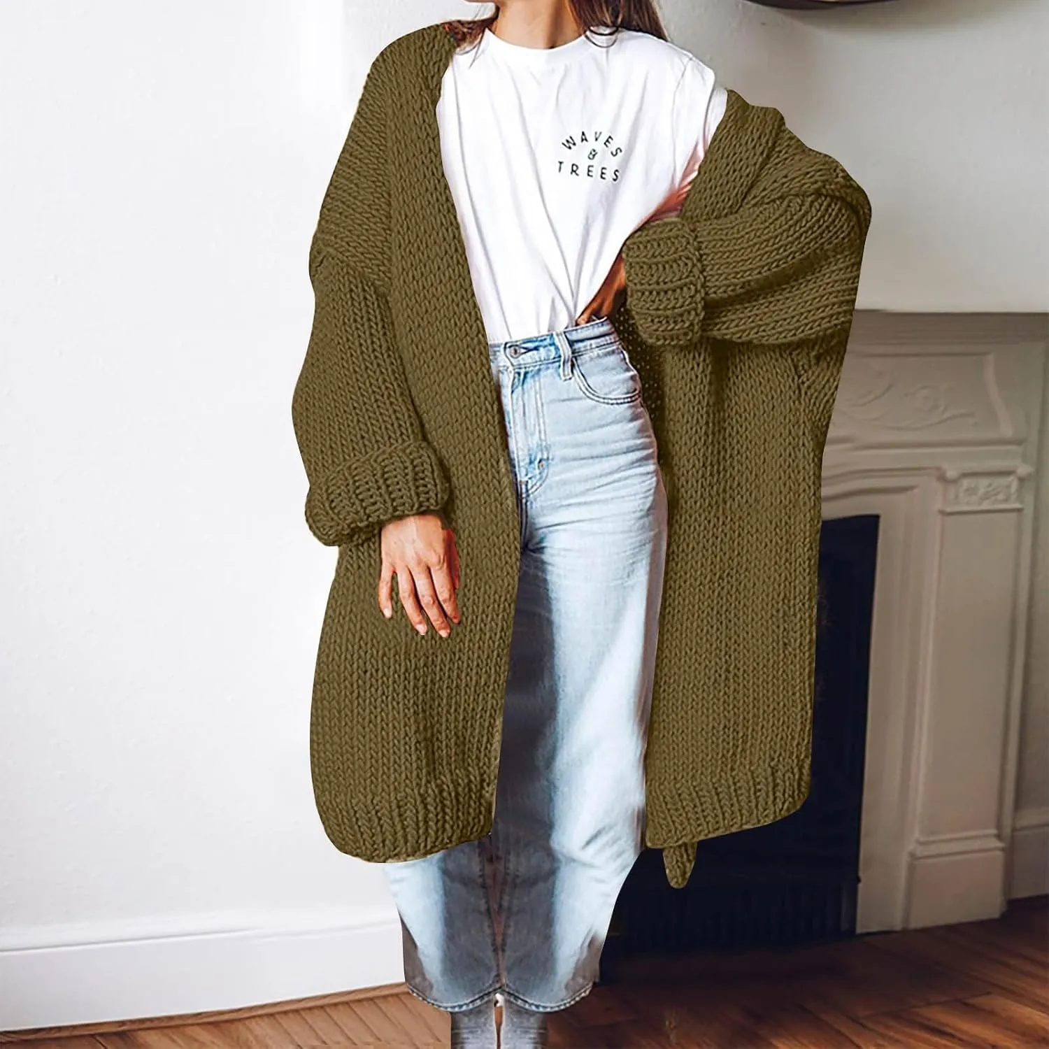 JOAU Women's Long Sleeve Chunky Knit Open Front Sweater Cardigan Loose Fit Lapel Outerwear Fall Winter Casual Long Coat Top