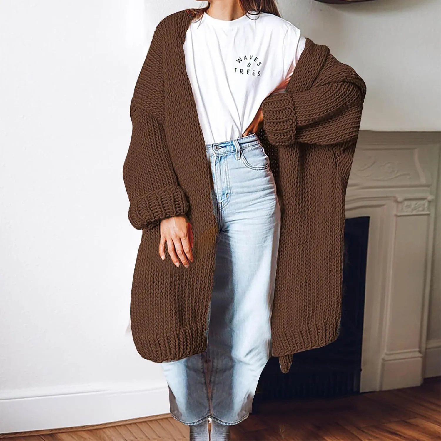 JOAU Women's Long Sleeve Chunky Knit Open Front Sweater Cardigan Loose Fit Lapel Outerwear Fall Winter Casual Long Coat Top