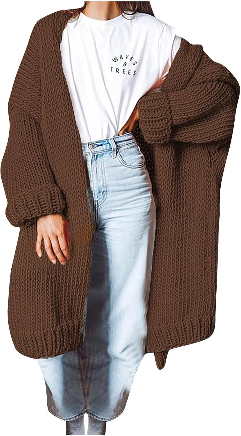JOAU Women's Long Sleeve Chunky Knit Open Front Sweater Cardigan Loose Fit Lapel Outerwear Fall Winter Casual Long Coat Top