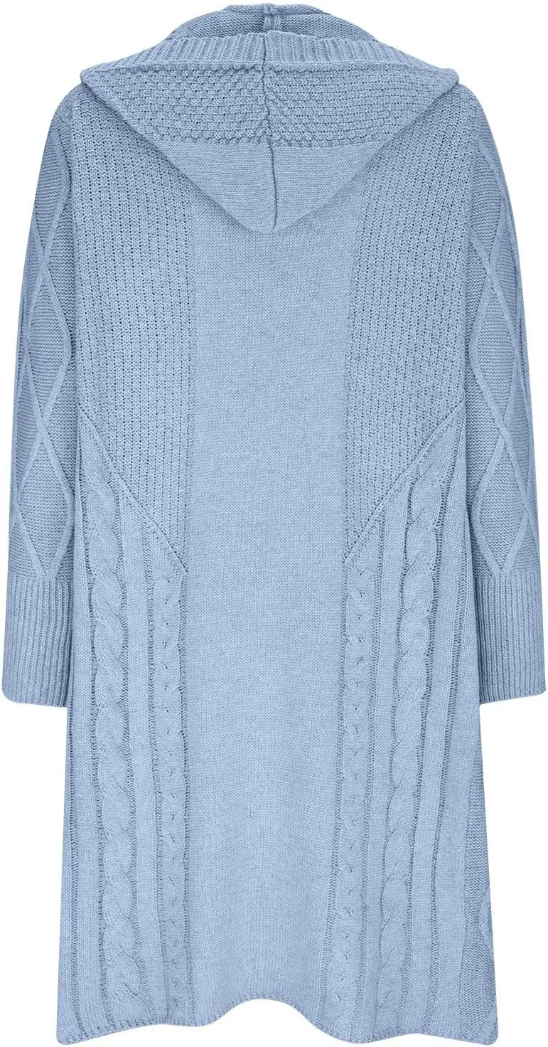 JOAU Women's Long Sleeve Open Front Cardigan Chunky Cable Knit Hooded Sweater Casual Loose Fit Midi Fall Winter Coat Top