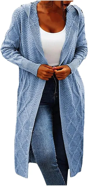 JOAU Women's Long Sleeve Open Front Cardigan Chunky Cable Knit Hooded Sweater Casual Loose Fit Midi Fall Winter Coat Top