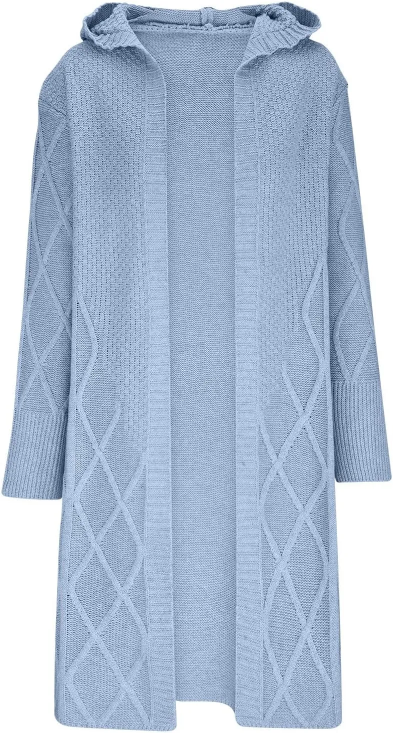 JOAU Women's Long Sleeve Open Front Cardigan Chunky Cable Knit Hooded Sweater Casual Loose Fit Midi Fall Winter Coat Top