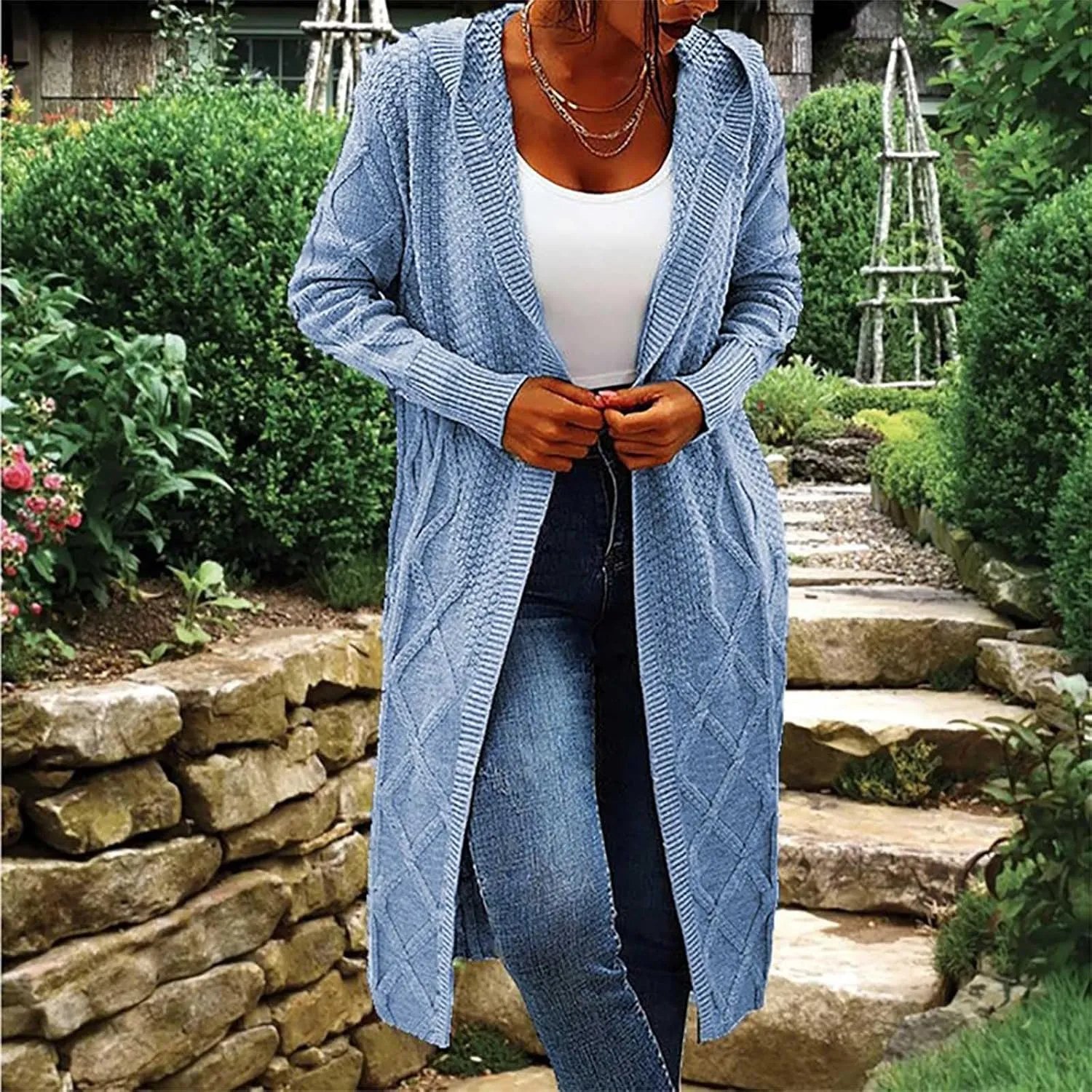 JOAU Women's Long Sleeve Open Front Cardigan Chunky Cable Knit Hooded Sweater Casual Loose Fit Midi Fall Winter Coat Top