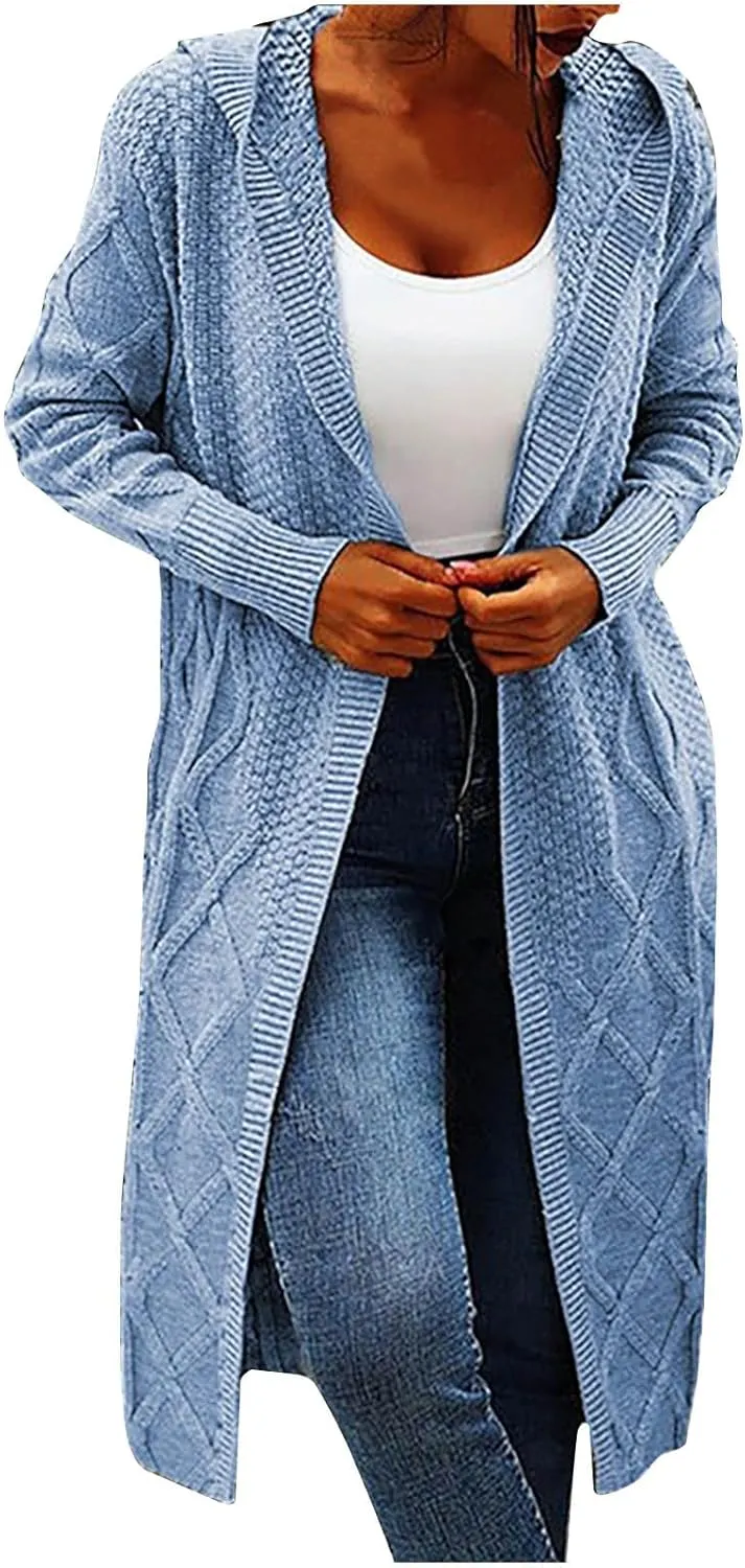 JOAU Women's Long Sleeve Open Front Cardigan Chunky Cable Knit Hooded Sweater Casual Loose Fit Midi Fall Winter Coat Top