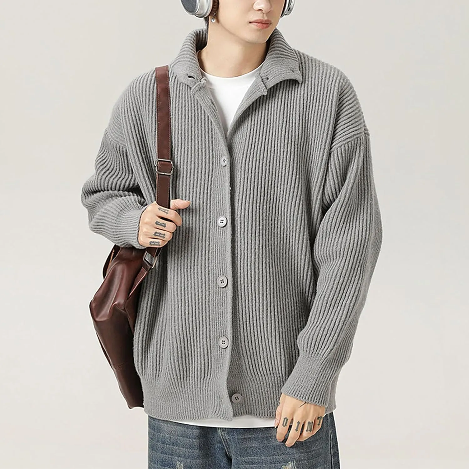 Knit Cardigan Sweaters for Men Button Down Cardigan Sweater Collared Cardigan Jacket Casual Open Front Cardigan