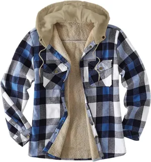 LCMTWX Men's Cotton Plaid Shirts Jacket Pocket Hooded Loose Coat Plus Velvet Shirt Top with Hood for Men Soft Warm Coat for