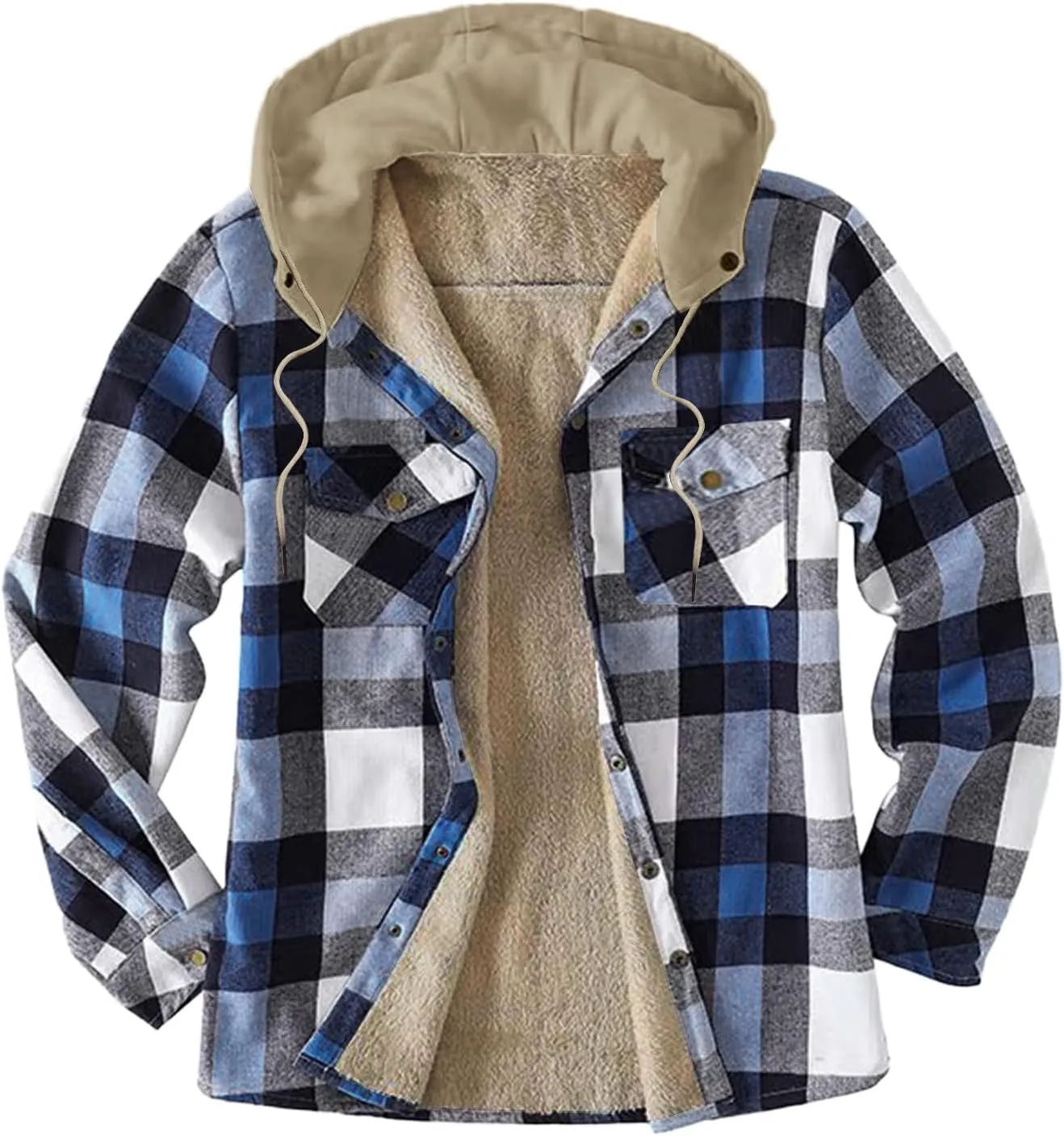 LCMTWX Men's Cotton Plaid Shirts Jacket Pocket Hooded Loose Coat Plus Velvet Shirt Top with Hood for Men Soft Warm Coat for