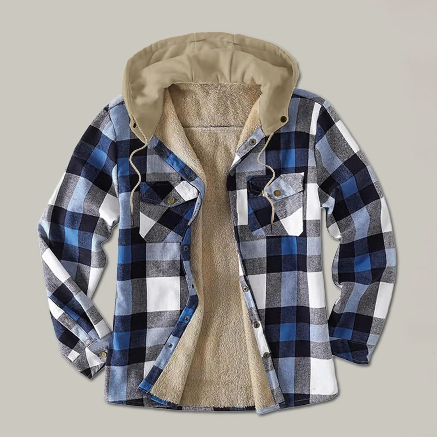 LCMTWX Men's Cotton Plaid Shirts Jacket Pocket Hooded Loose Coat Plus Velvet Shirt Top with Hood for Men Soft Warm Coat for