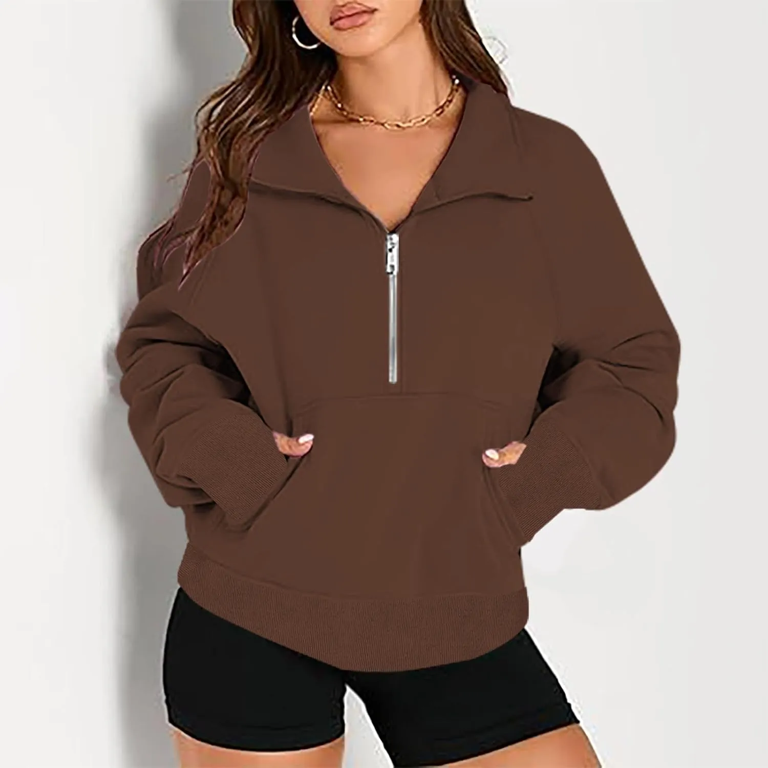 lcziwo Half Zip Sweatshirts Women Oversized Fleece Cropped Pullover Quarter Zipper Fall Outfits 2024 Winter Clothes