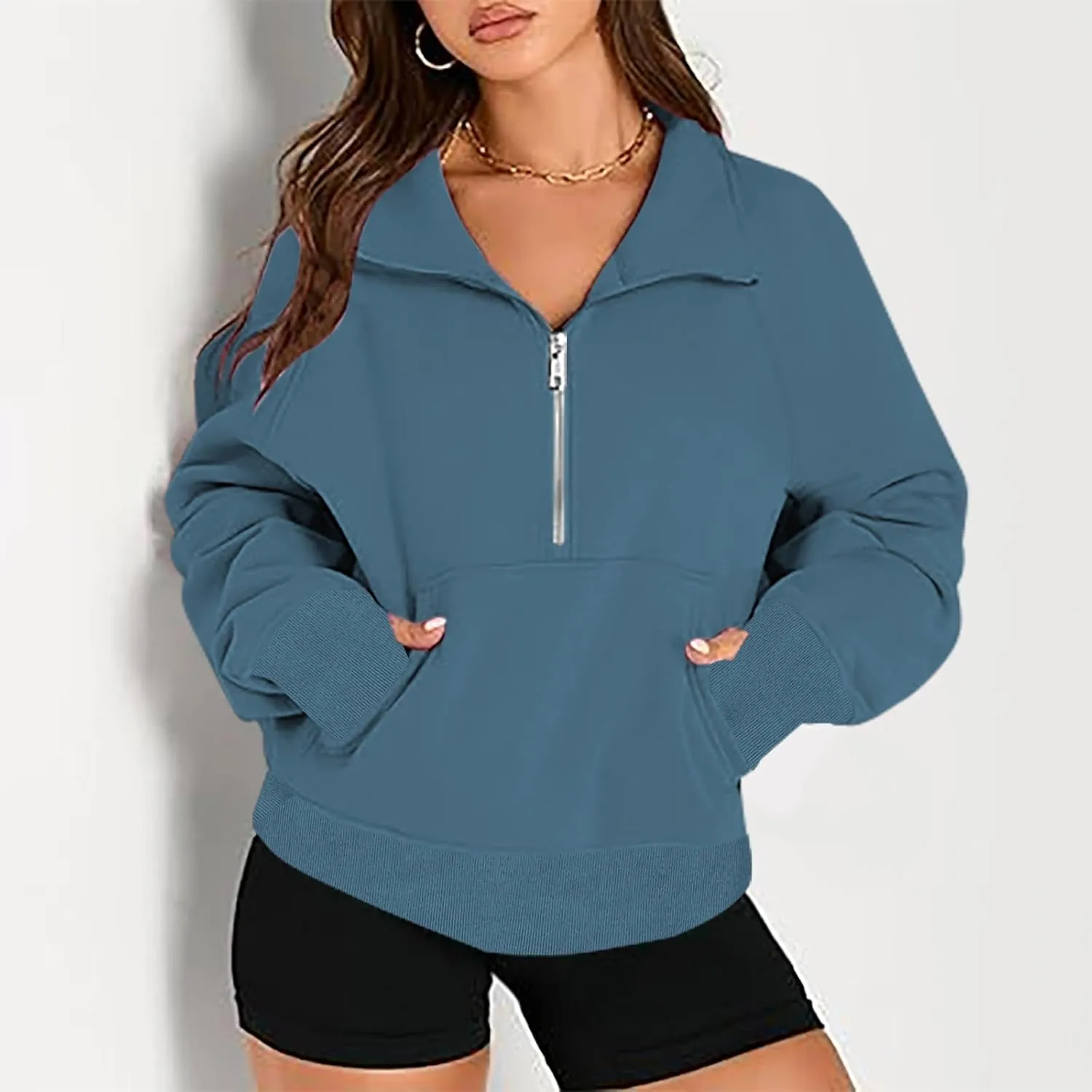 lcziwo Womens Oversized Cropped Sweatshirts Half Zip Lapel Fleece Pullover Quarter Zipper Long Sleeve Tops with Pocket