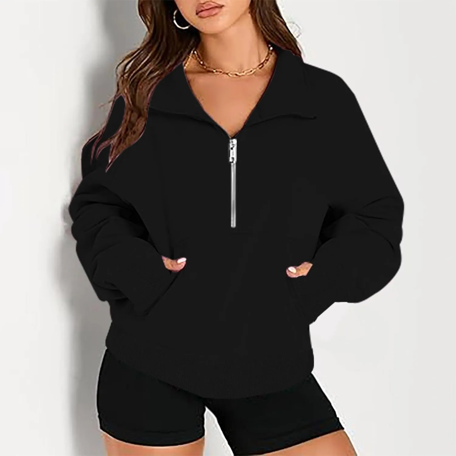 lcziwo Womens Oversized Cropped Sweatshirts Half Zip Lapel Fleece Pullover Quarter Zipper Long Sleeve Tops with Pocket