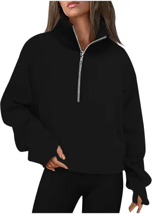lcziwo Womens Oversized Cropped Sweatshirts Half Zip Lapel Fleece Pullover Quarter Zipper Long Sleeve Tops with Pocket