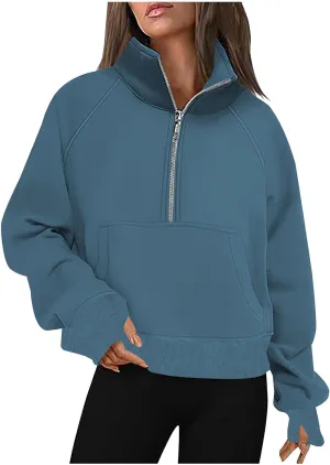 lcziwo Womens Oversized Cropped Sweatshirts Half Zip Lapel Fleece Pullover Quarter Zipper Long Sleeve Tops with Pocket