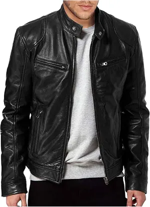 Leather Jacket Men Big And Tall Zip Up Stand Collar Jackets Cool Faux Leather Motocycle Coats Casual Stylish Outwear