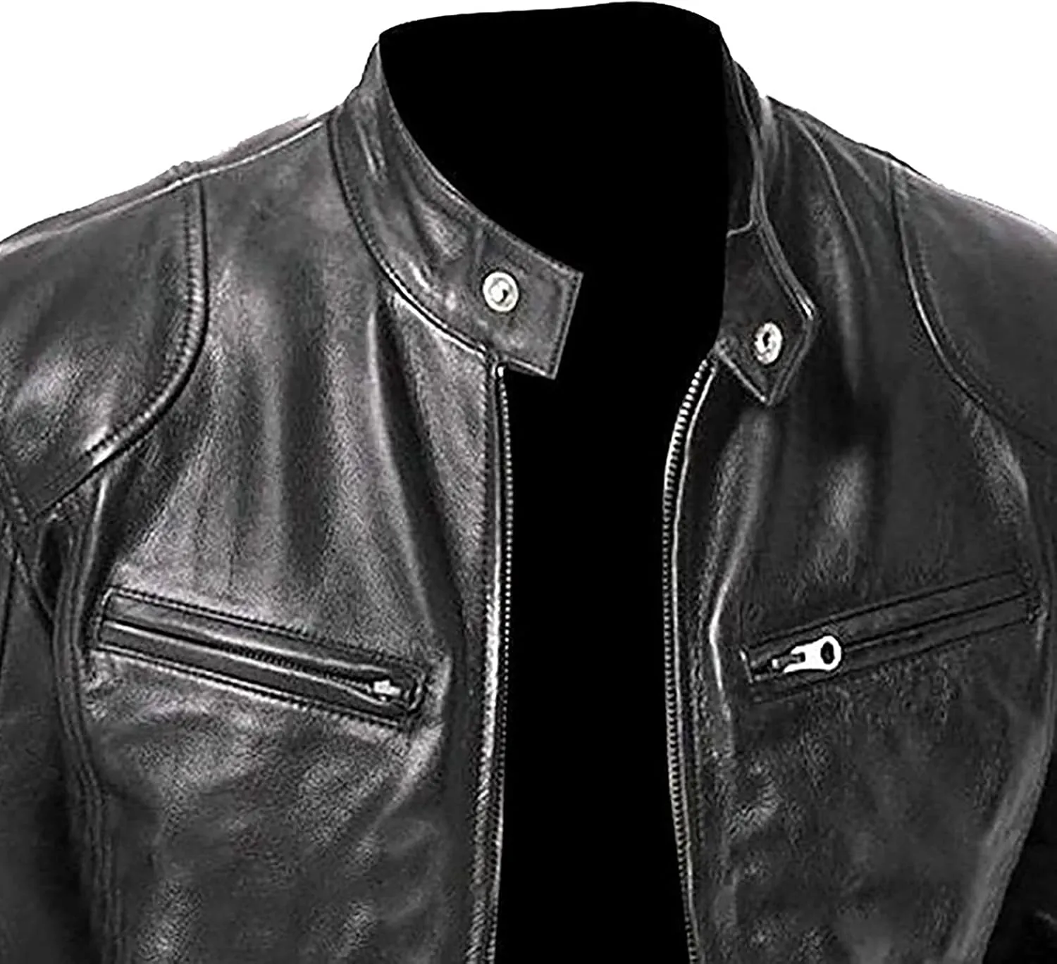 Leather Jacket Men Big And Tall Zip Up Stand Collar Jackets Cool Faux Leather Motocycle Coats Casual Stylish Outwear