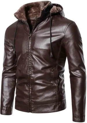 Leather Jacket Men Slim Fit Black Faux Leather Fleece Lined Motorcycle Biker Bomber Jacket with Hood