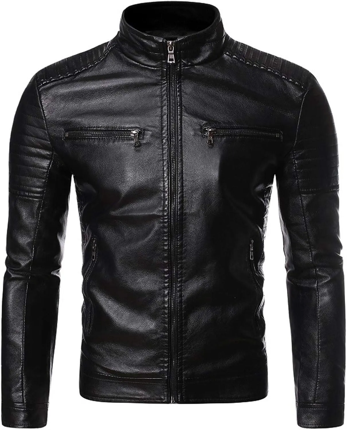 Leather Jacket Men Slim Fit Stand Collar Faux Leather Jacket Zip-Up Motorcycle Biker Jacket with Multi-Pockets