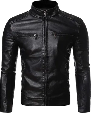Leather Jacket Men Slim Fit Stand Collar Faux Leather Jacket Zip-Up Motorcycle Biker Jacket with Multi-Pockets
