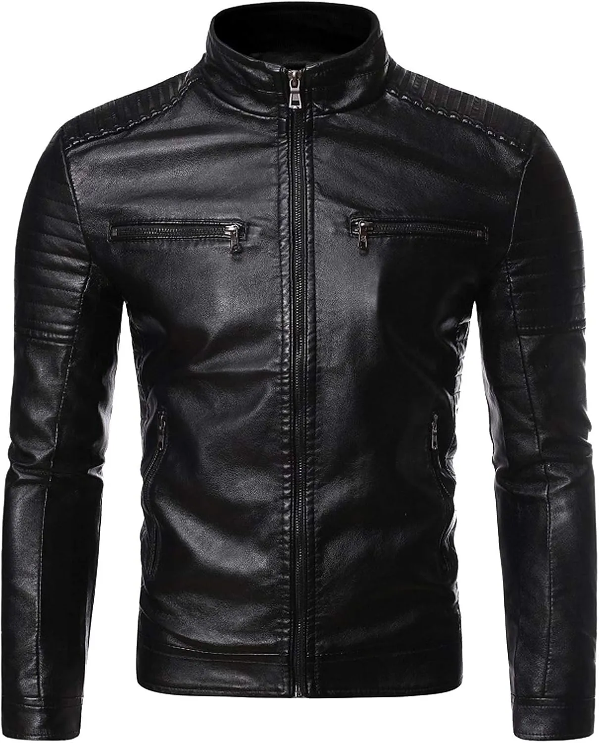 Leather Jacket Men Slim Fit Stand Collar Faux Leather Jacket Zip-Up Motorcycle Biker Jacket with Multi-Pockets