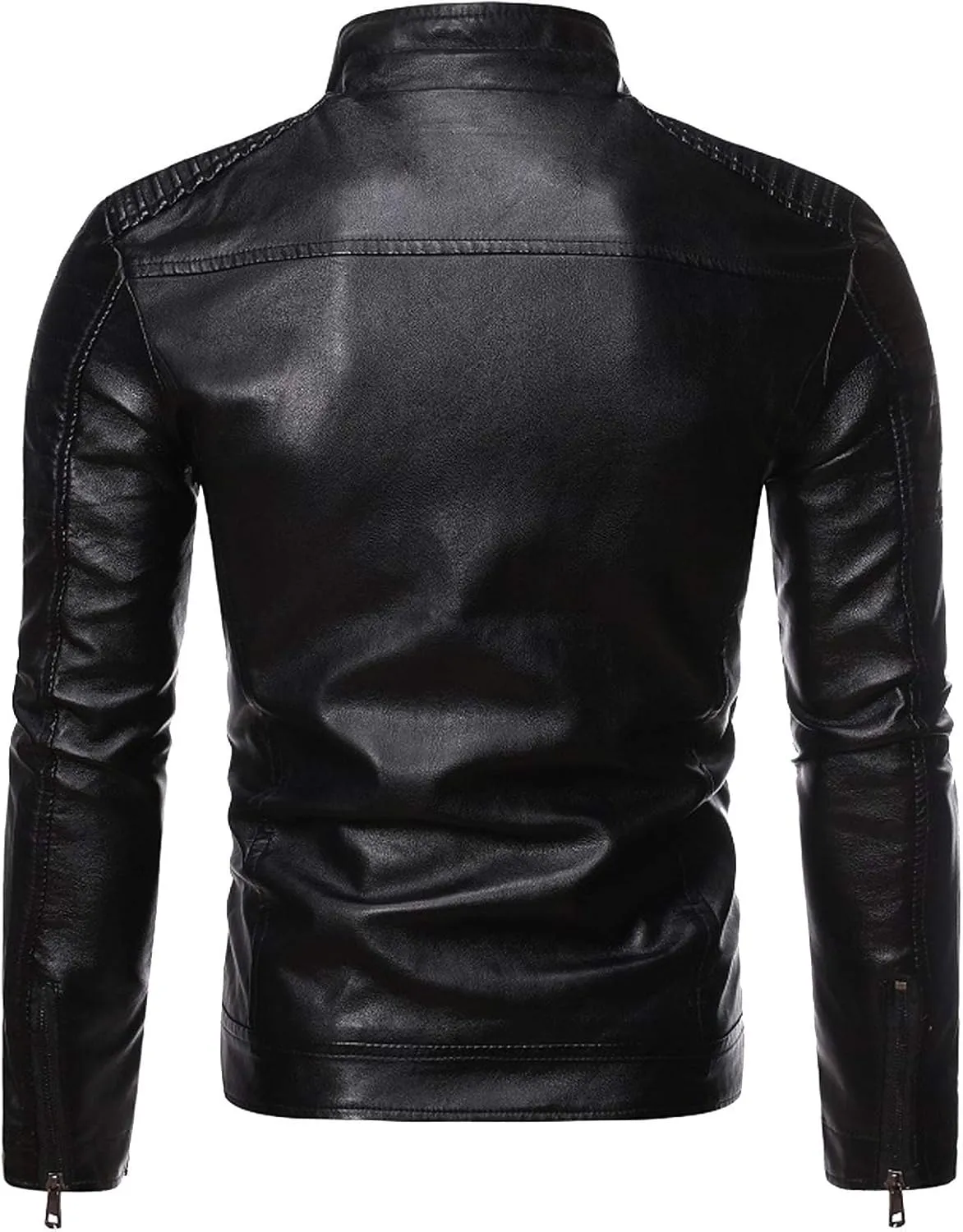 Leather Jacket Men Slim Fit Stand Collar Faux Leather Jacket Zip-Up Motorcycle Biker Jacket with Multi-Pockets