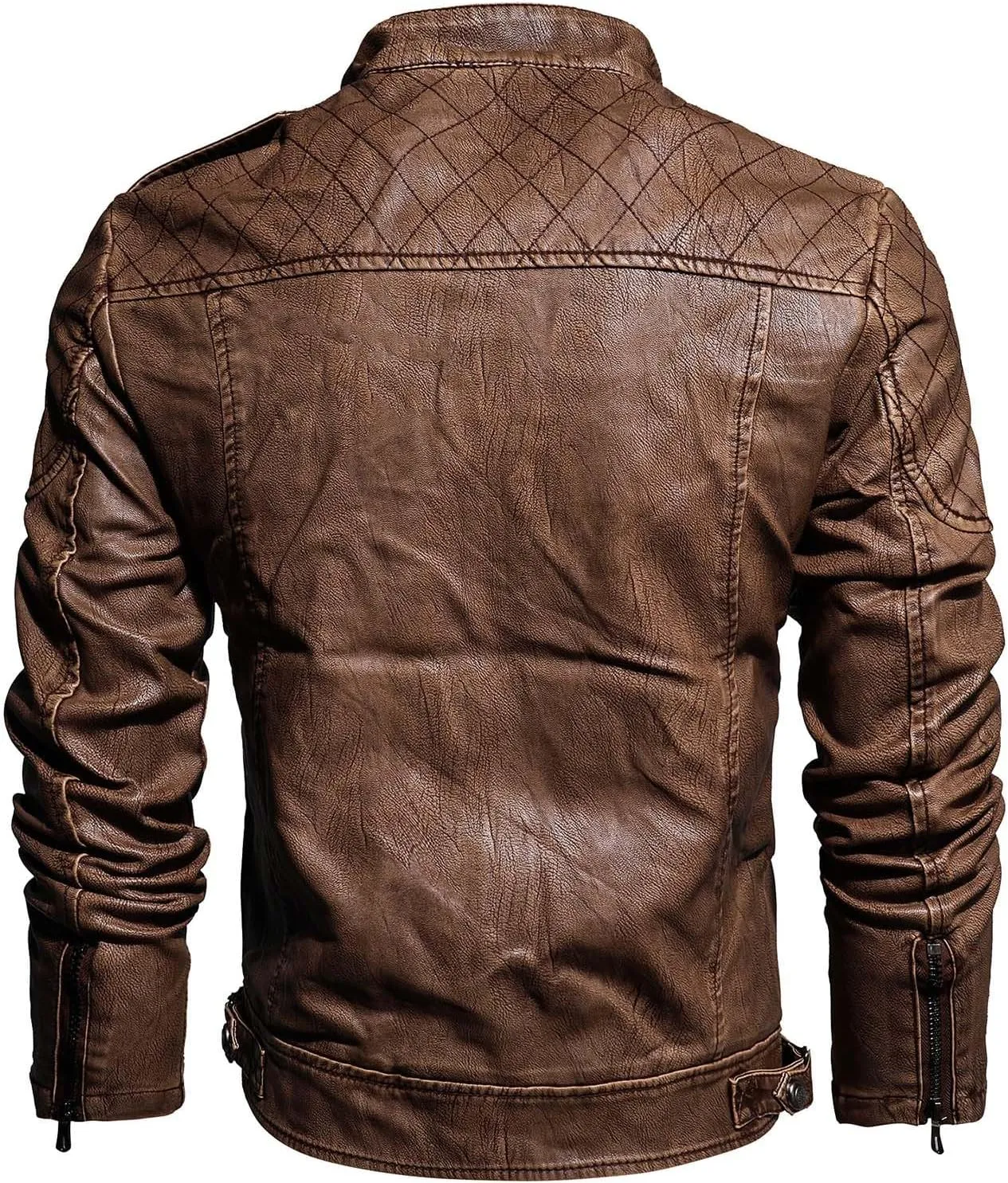 Leather Jacket Men Stand Collar Moto Jacket Zip up Biker Jacket Waterproof Windproof Winter Jacket with Zipper Pocket