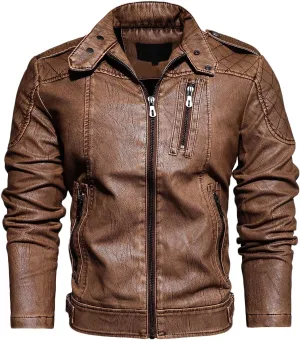 Leather Jacket Men Stand Collar Moto Jacket Zip up Biker Jacket Waterproof Windproof Winter Jacket with Zipper Pocket