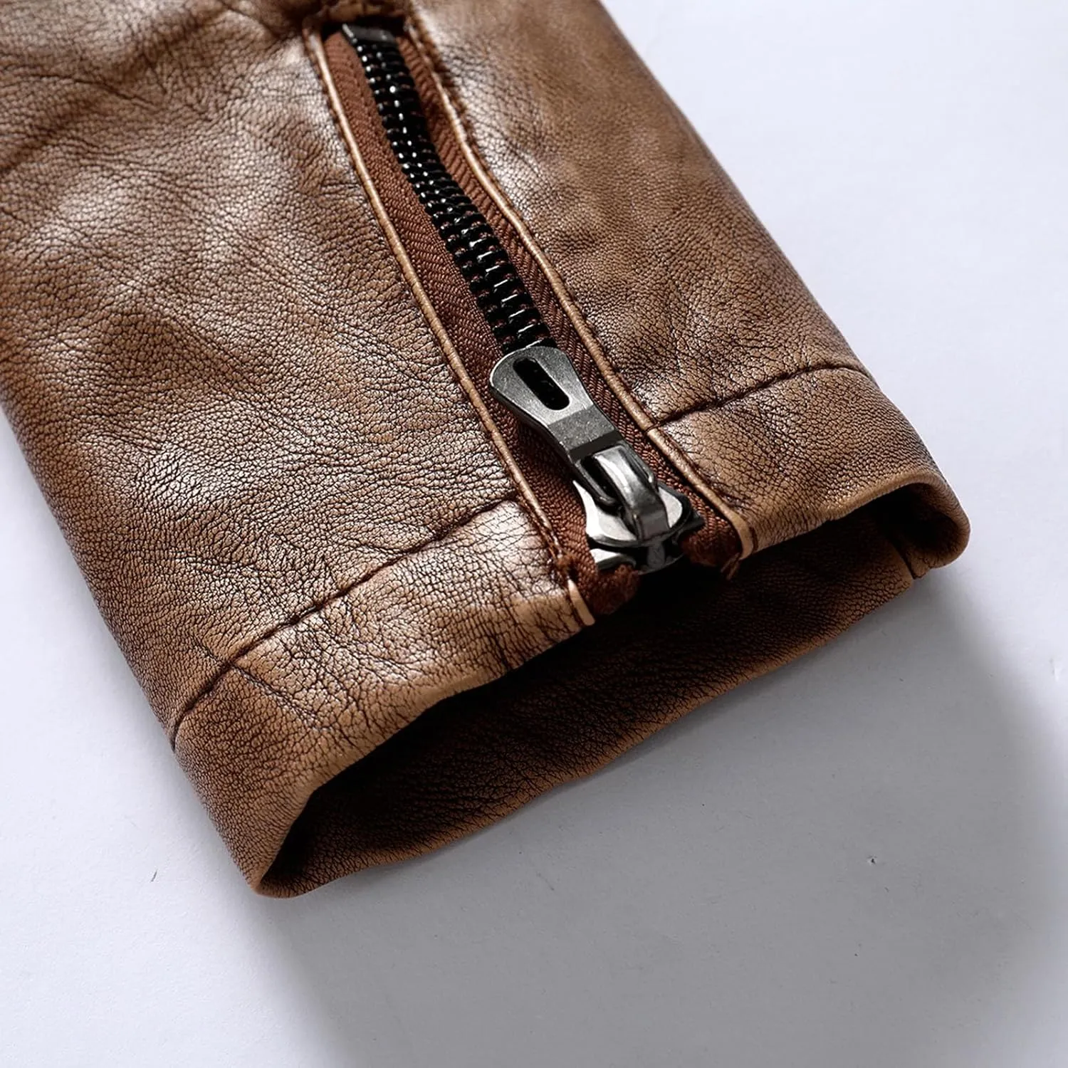 Leather Jacket Men Stand Collar Moto Jacket Zip up Biker Jacket Waterproof Windproof Winter Jacket with Zipper Pocket