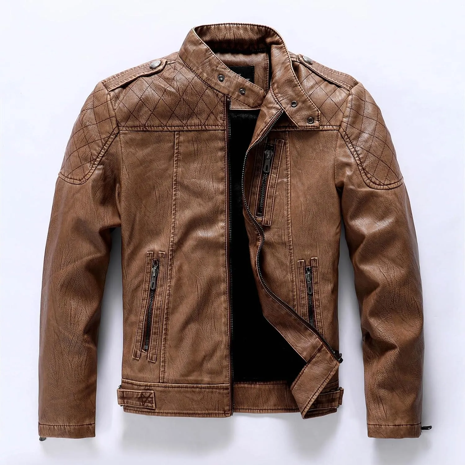 Leather Jacket Men Stand Collar Moto Jacket Zip up Biker Jacket Waterproof Windproof Winter Jacket with Zipper Pocket