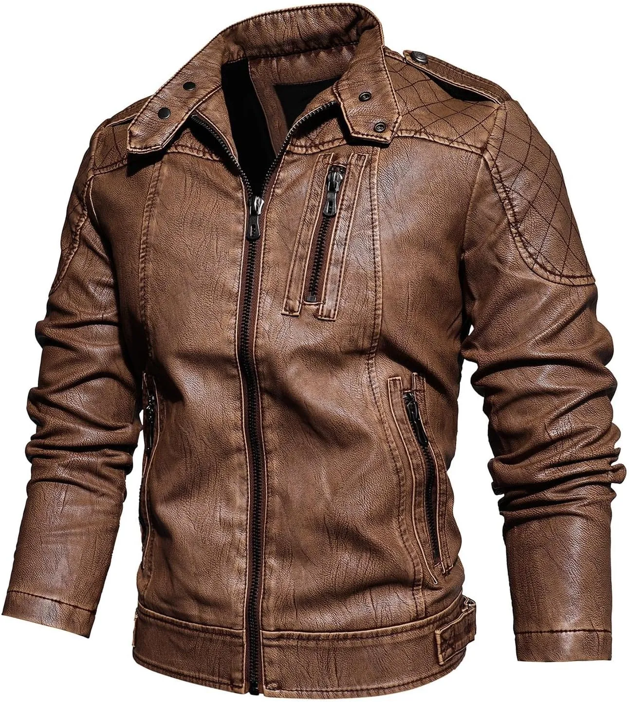 Leather Jacket Men Stand Collar Moto Jacket Zip up Biker Jacket Waterproof Windproof Winter Jacket with Zipper Pocket
