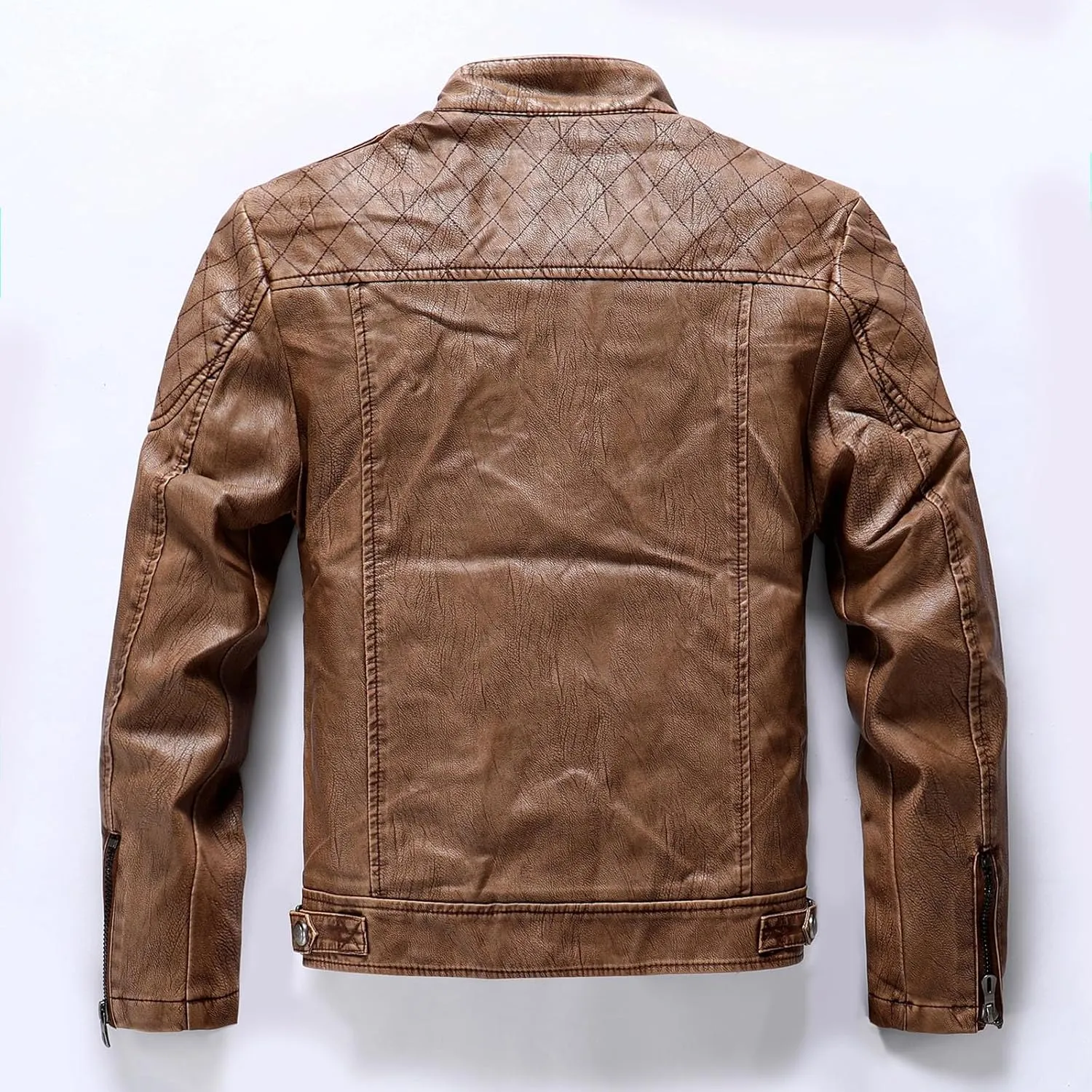 Leather Jacket Men Stand Collar Moto Jacket Zip up Biker Jacket Waterproof Windproof Winter Jacket with Zipper Pocket